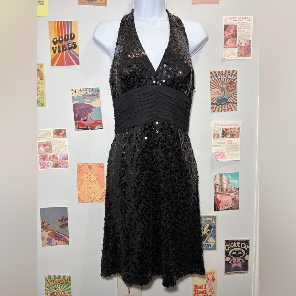 White House Black Market Black Sequin Halter Dress